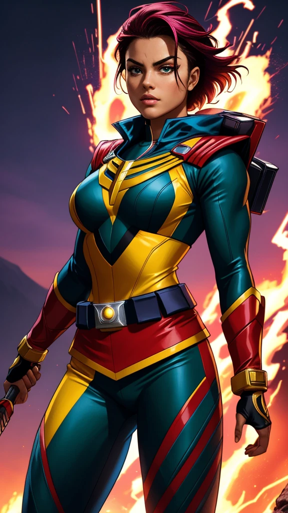 A Stirring, High-Quality Masterpiece of a member of a Ranger Team. The ranger is adorned in vibrant colors: rosa, red blazing in the foreground, violet, green, yellow, black blue, and white. Her dynamic poses exude energy and courage against a background that pulsates with neon, fire, plasma, and fluorescent hues, embodying the essence of the classic Sentai superhero team. The ranger's outfit is sophisticated and modern, with intricate details that reflect her individual theme. She stands ready for action, weapons in hand, under the hues of a breathtaking sunset, bathed in cin