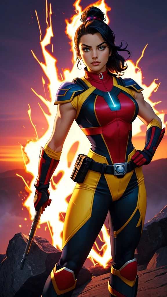 A Stirring, High-Quality Masterpiece of a member of a Ranger Team. The ranger is adorned in vibrant colors: rosa, red blazing in the foreground, violet, green, yellow, black blue, and white. Her dynamic poses exude energy and courage against a background that pulsates with neon, fire, plasma, and fluorescent hues, embodying the essence of the classic Sentai superhero team. The ranger's outfit is sophisticated and modern, with intricate details that reflect her individual theme. She stands ready for action, weapons in hand, under the hues of a breathtaking sunset, bathed in cin