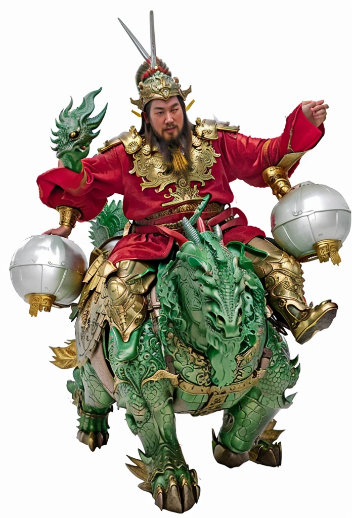 an ancient chinese warrior, with gold armour, red robe, holding silver melon look hammer, ridding on a green dragon head monster.Green Unicorn