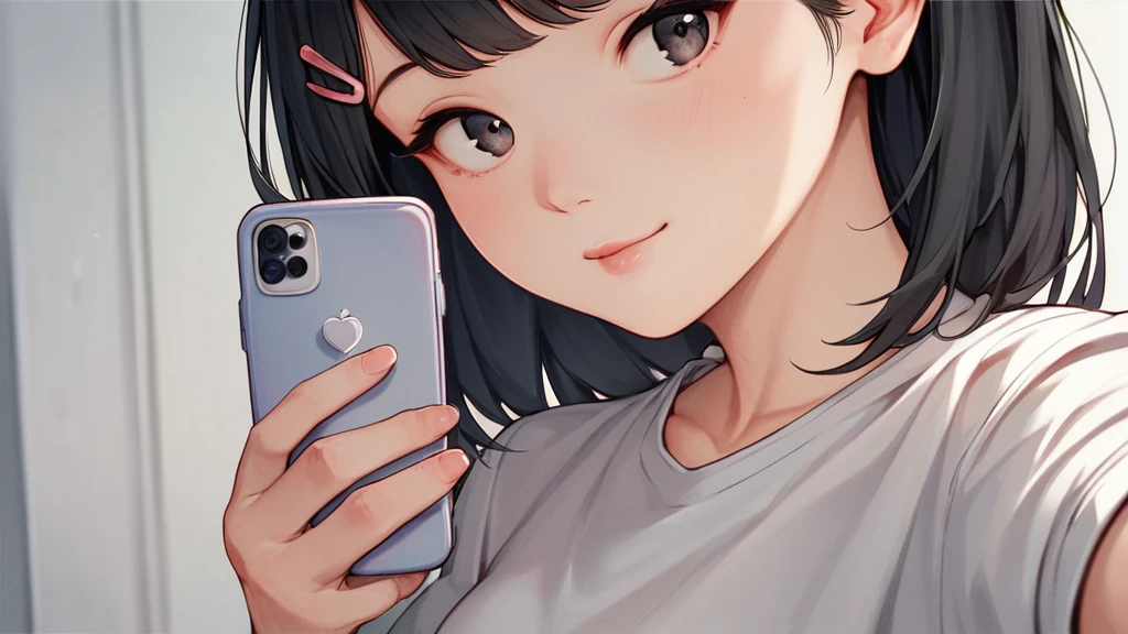 score_9, score_8_Excellent, score_7_Excellent,   Cowboy Shot, From the side,  One Girl, smartphone,  Selfie,  amount,  Hair Clip, Voice of the Heart, Black Hair, bangs,In a completely different expression
,   