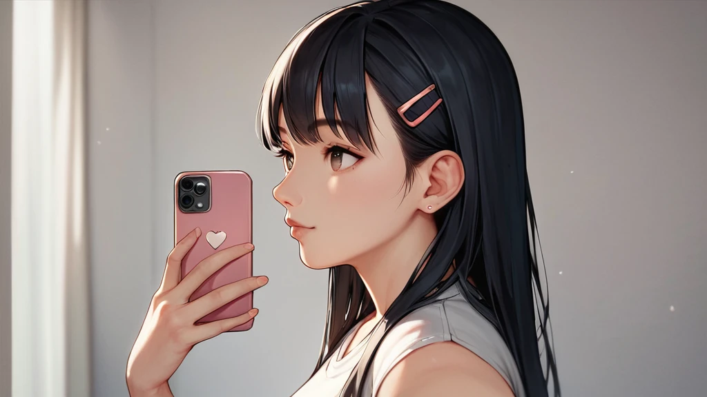 score_9, score_8_Excellent, score_7_Excellent, Cowboy Shot, From the side, One Girl, smartphone, Selfie, amount, Hair Clip, Voice of the Heart, Black Hair, bangs,In a completely different expression
,
