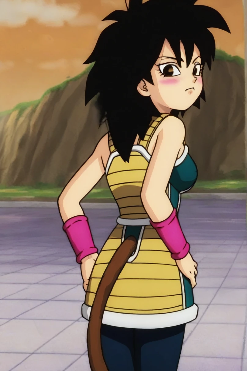 fountain_cheered up, score_9,score_8_above, score_7_above, gineDb, cheered up screencap,
1 girl, Alone, looking at the viewer, blush, urban landscape, black fur, Brown eyes, looking back, from behind, black eyes, hand on hip, frown, pink bracelet, green skirt, monkey's tail, saiyajin armadura, hand on the shoulder, medium hair, green saiyajin armadura, eyelashes, Eyebrows, Butt crack, bare shoulders, spiky hair, nails