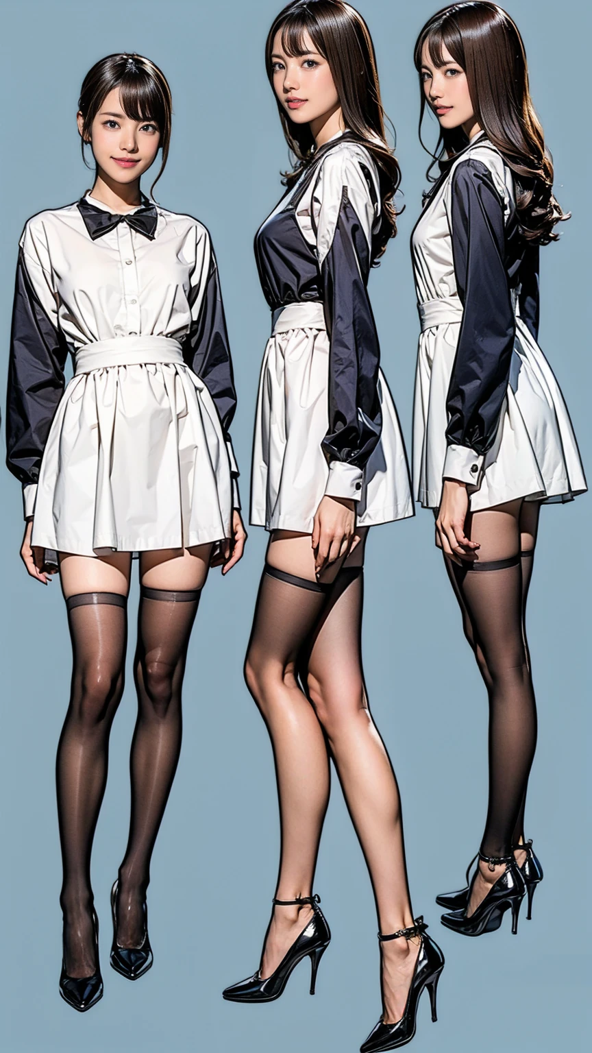 ((masterpiece)),(((Highest quality))),((Character design sheet)),Thin thighs,Long legs,Bunny girl in a light blue maid outfit:1.5,Wearing light blue tights:1.5,The best smile:1.5,Full Body Shot:1.5,Gray background:1.5,Wearing black high heels:1.5,short side waves:1.5,