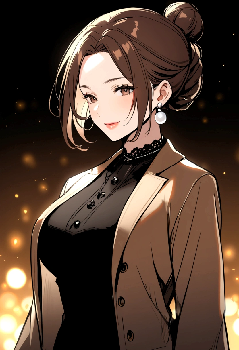 40 year old woman, brown hair, bun, white pearl earrings, black dress, brown short sleeve jacket