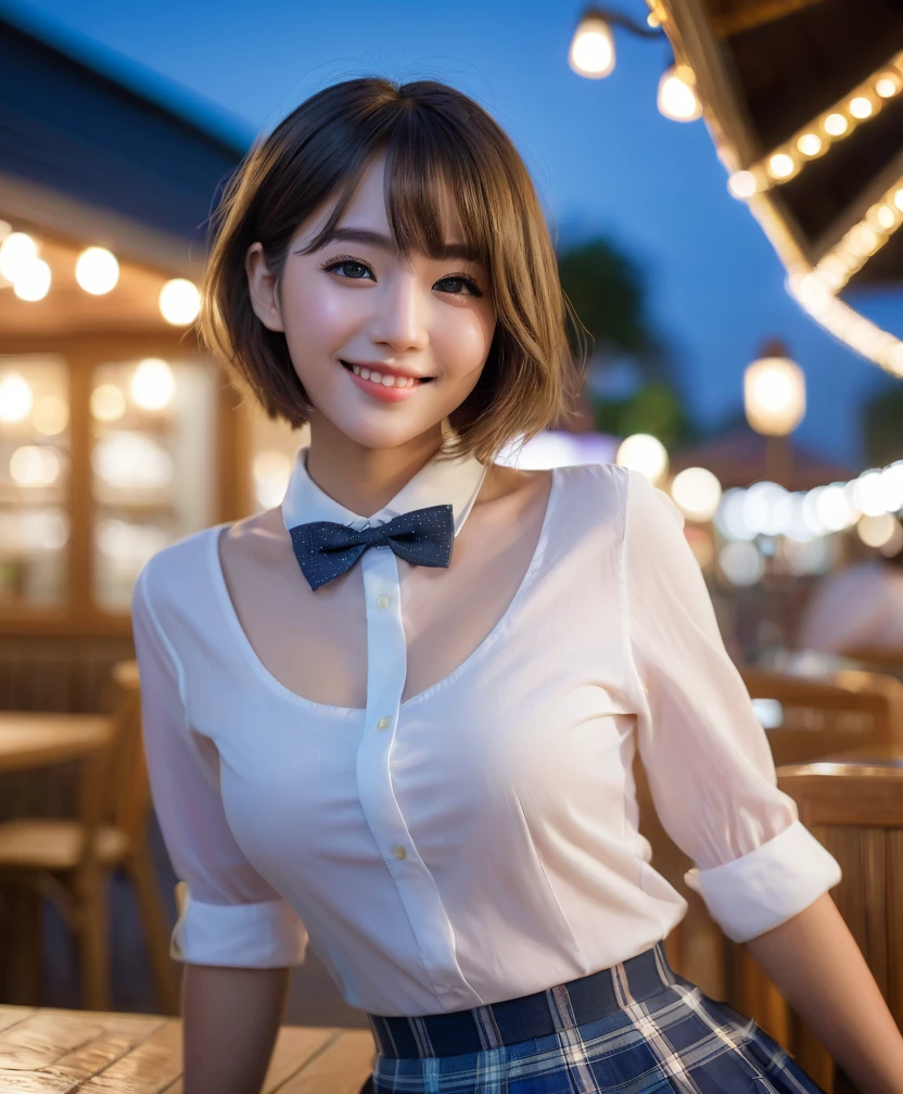 (8k, RAW photo, best quality, masterpiece:1.2), (realistic, photo-realistic:1.37), ultra-detailed,
1 girl,cute, solo,beautiful detailed sky,detailed cafe,night,sitting,dating,(nose blush),(smile:1.1),(closed mouth),large breasts, seductive smile, large aparture, professional lighting, Sony A7R4, Zessie 50mm F1.8,
medium breasts,beautiful detailed eyes,(collared shirt:1.1), bowtie,pleated skirt,(short hair:1.2),floating hair