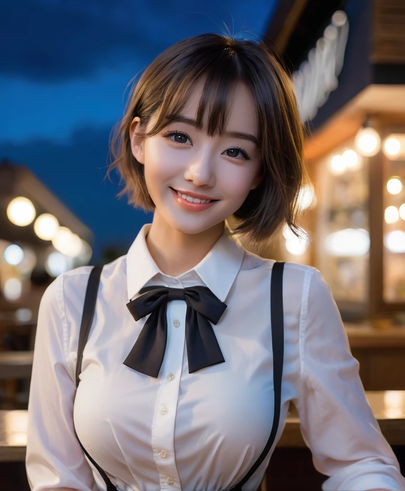 (8k, RAW photo, best quality, masterpiece:1.2), (realistic, photo-realistic:1.37), ultra-detailed,
1 girl,cute, solo,beautiful detailed sky,detailed cafe,night,sitting,dating,(nose blush),(smile:1.1),(closed mouth),large breasts, seductive smile, large aparture, professional lighting, Sony A7R4, Zessie 50mm F1.8,
medium breasts,beautiful detailed eyes,(collared shirt:1.1), bowtie,pleated skirt,(short hair:1.2),floating hair