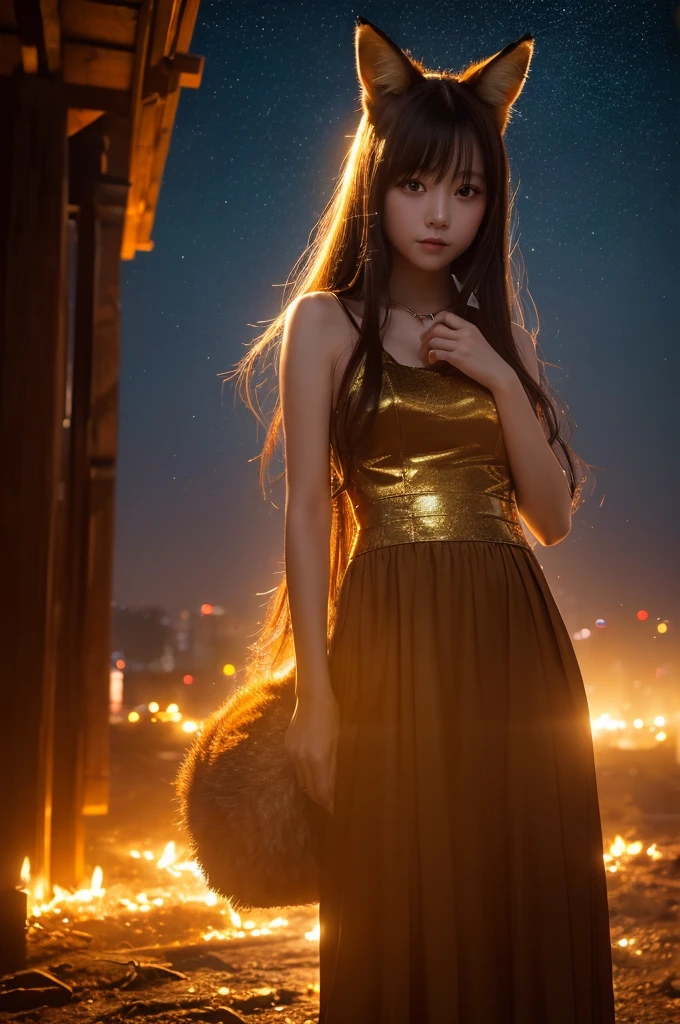 ((Highest quality, 8K, masterpiece: 1.3)), One girl, Slim like a fox、9 syrups and、Burning gold in the dark night、Ambient light and dark lighting focusing on girl、In a Japanese city with light and shadow effects caused by an illuminated aura。.