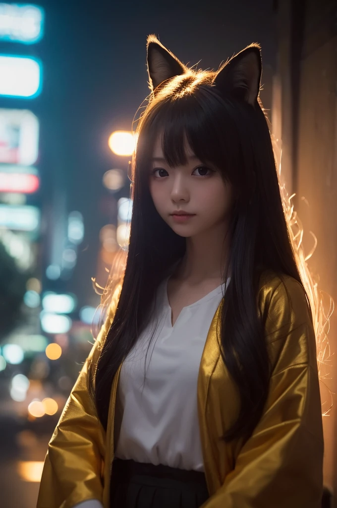 ((Highest quality, 8K, masterpiece: 1.3)), One girl, Slim like a fox、9 syrups and、Burning gold in the dark night、Ambient light and dark lighting focusing on girl、In a Japanese city with light and shadow effects caused by an illuminated aura。.