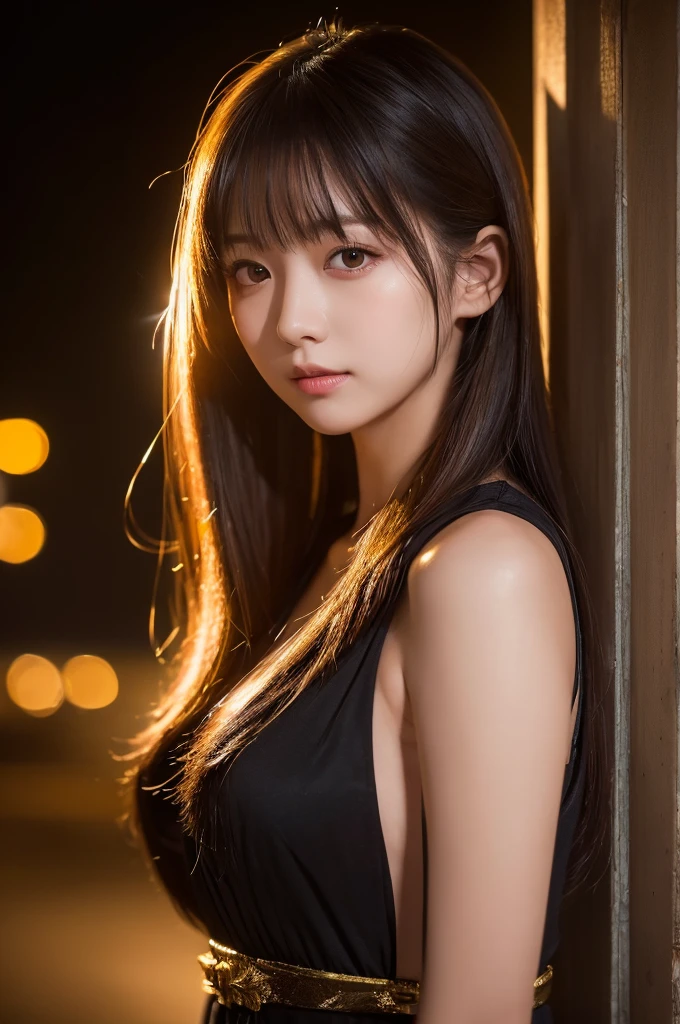 ((Highest quality, 8K, masterpiece: 1.3)), One girl, Slim like a fox、9 syrups and、Burning gold in the dark night、Ambient light and dark lighting focusing on girl、In a Japanese city with light and shadow effects caused by an illuminated aura。.