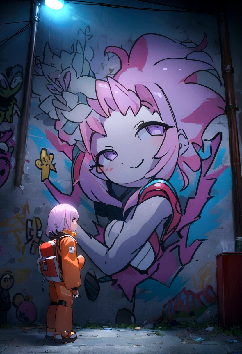 最high quality、Better image quality、Masterpiece、adolescent((18 years、 becoming、vest bust、medium bust,wide open chest tea、lilac eye, lilac hair、Habitual hair、wide、Delgado,highest valley、Have a smartphone、smug face、peace sign、smart跡、anime type suit My hero Academy )),high quality、Beautiful art、bottom((city at night、wall、graffiti、smart))debris flies、Depth of written limit、Movie、Visual art、perfect art、8k,Genuine