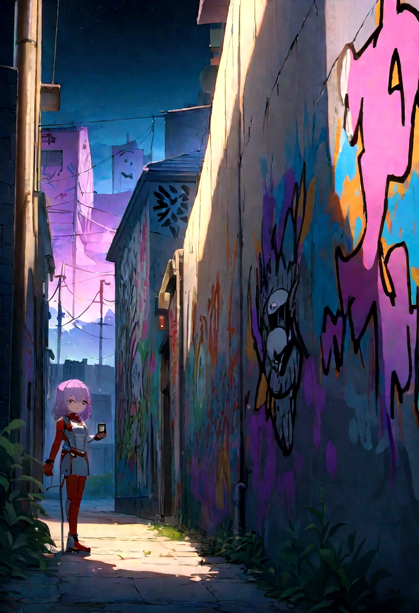 最high quality、Better image quality、Masterpiece、adolescent((18 years、 becoming、vest 、,wide open  tea、lilac eye, lilac hair、Habitual hair、wide、Delgado,highest valley、Have a smartphone、smug face、peace sign、smart跡、anime type suit My hero Academy )),high quality、Beautiful art、bottom((city at night、wall、graffiti、smart))debris flies、Depth of written limit、Movie、Visual art、perfect art、8k,Genuine