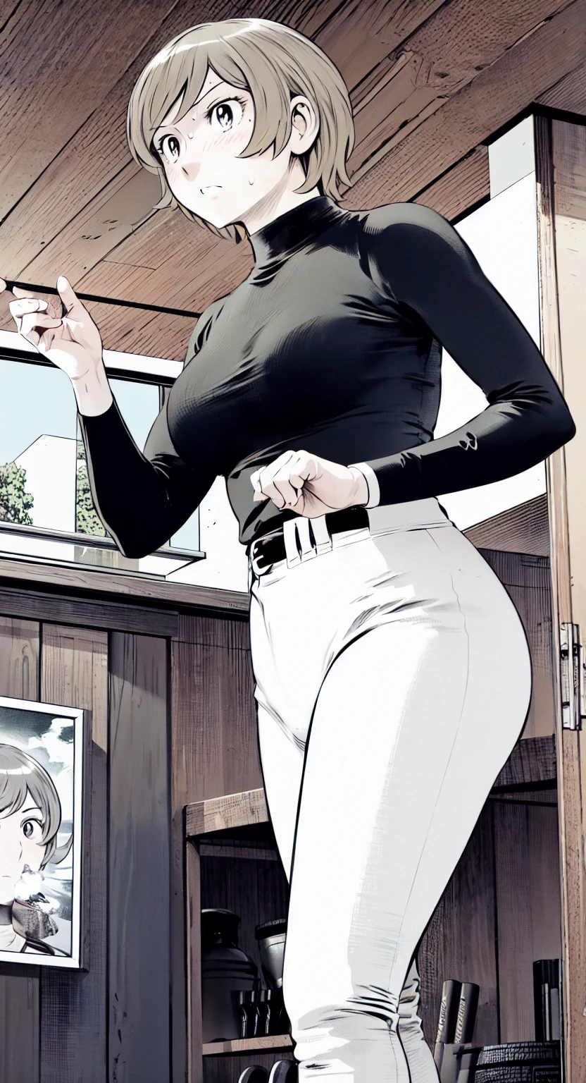 (野球uniform:1.2),
blonde, (short hair:1.2),Long sleeve, Black Shirt, turtleneck,White trousers、uniform、Black belt、((Illustration of a person))、big 、Muddy、Soil stains、ドロドロのuniform、
View your audience,, (Highest quality:1.3),One Girl, White pants、uniform、Outdoor、baseball ground、ground、soil、blue eyes、Tight black shirt、(masterpiece、Highest quality)、Highest quality, Ultra-high resolution, (((masterpiece))), alone, Sweat、big eyes、big Breasts、Torn clothes、 Fully exposed、Nipples、One Girl, Front view、Embarrassed face、Bronze colored hair、((short hair))、Stand up straight、Cowboy Shot