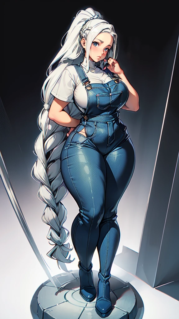 ((blank background)), masterpiece, best quality, silver hair, (curvy:1.8), (massive breast:1.5), ((full body framing)), (long legs:1.6), symmetry, farmer woman, (blue overalls), long boots, belt below navel, plaid shirt, ponytail