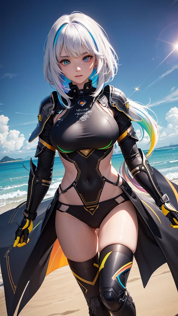{{masterpiece}}, best quality, extremely detailed CG unity 8k wallpaper, cinematic lighting, lens flare, beautiful detail eyes, black,  side glance,  multicolor short white hair, colorful light, particles, heterochromia, (colorful:1.5), (colorful hair:1.5), Sexy white bikini, robot armor, Black wings, nipple slip, Hairy vagina, burning bikini suit, beach view,