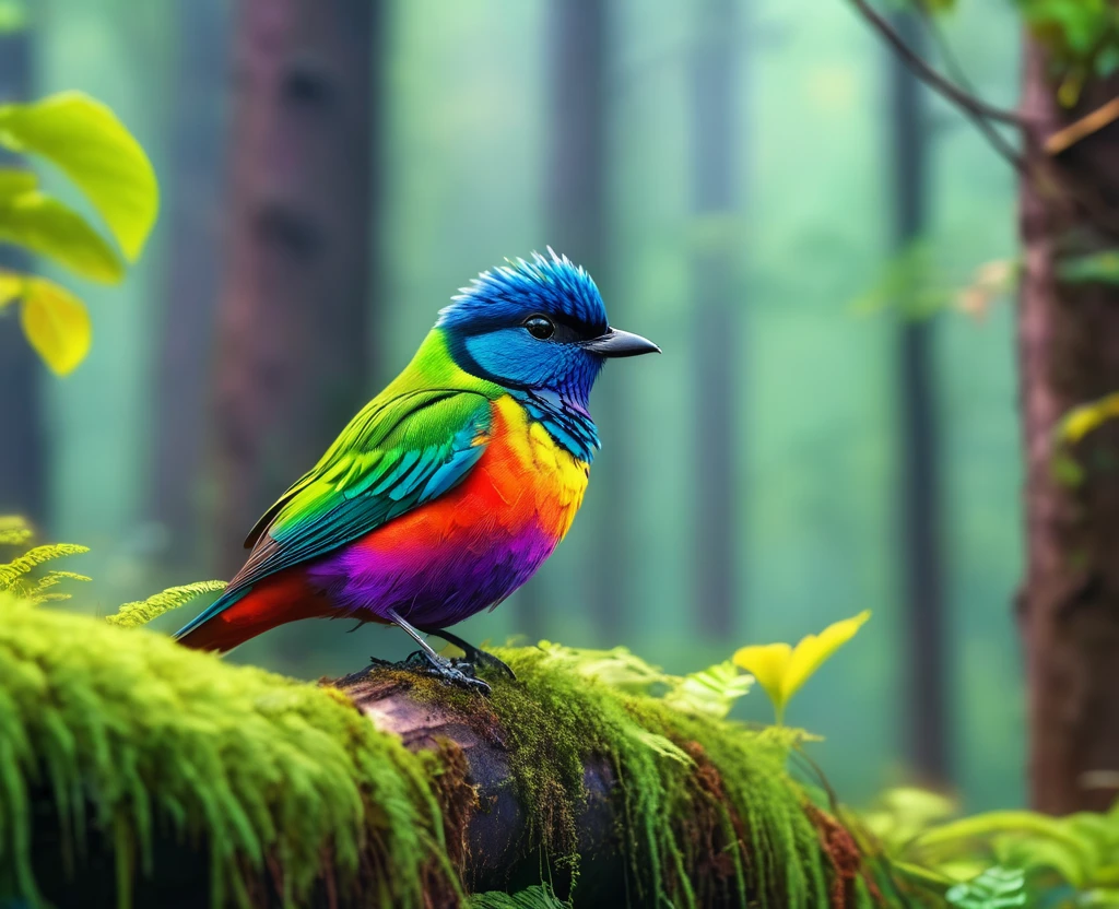 One beautiful bird, high resolution, high quality, master piece, cute photo, 8K, rainbow color, in the forest