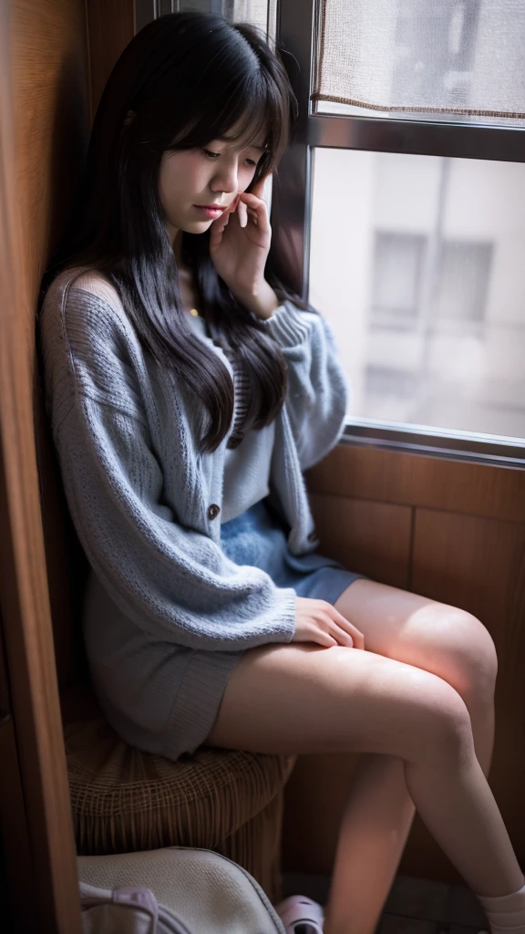A Japanese girl in her twenties is crying in a corner of a dimly lit room, sitting and holding her legs