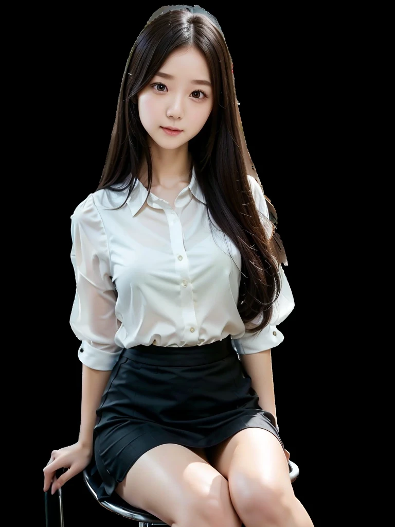 office、White Wallpaper、Sit on a chair、Sheer blouse、Black maxi skirt 、(Highest quality)、、((Very detailed))、4K、(8K)、Highest quality、One person、Kind Face、Soft Light、Raw quality、Soft Skin、Heel、Thighs、163cm