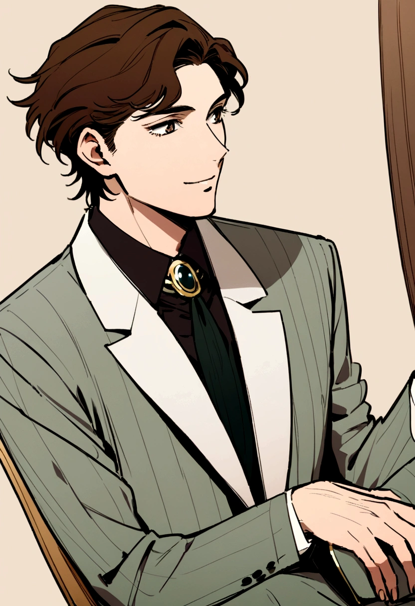 The complete body of a 20-year-old French male novelist, brown hair with brown eyes wearing an elegant suit from the 1980s and elegant shoes