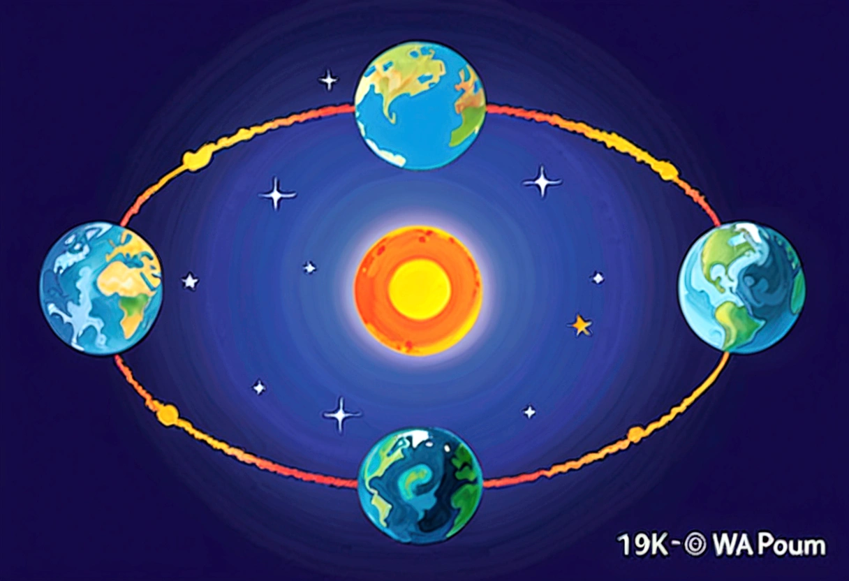 Earth Seasons Map,Show different stages, Earth orbit, Schematic diagram of the Earth's orbit around the sun, Round planet, Strong shadows, A track ring, , cycle,Deep blue space,Soft sunlight,(Bright sunlight:1.5) xiaoguang sun,author:Randolph Caldecott, (Watercolor, masterpiece, Line Art, Illustration Art, Professional line art, Super complex and detailed, Chinese painting,8K:1.3)