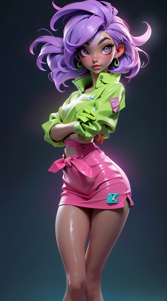 latina curvy woman, tight floral Pink and white latex high neck top, jeans, portrait view, neon city night background, long green curly hair, detailed facial features, beautiful detailed eyes, beautiful detailed lips, extremely detailed face and eyes, long eyelashes, photorealistic, 8k, high quality, hyper detailed, cinematic lighting, vibrant colors, dramatic lighting