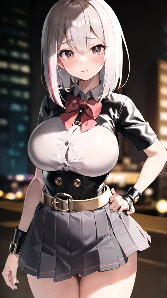 General Details: very detailed, highly detailed, exceptionally high detail, exceptionally detailed, best quality, 2.5D artwork, perfect lighting and shadows, perfect artwork, one girl, beautiful hands, perfect hands
Clothing: clothing, (simple dark gray pleated short skirt: 1.4), (black leather belt with shiny gold buckle: 1.3), (dark red bow tie: 1.2), short sleeves, white shirt, shirt with white buttons
 Expression: slight smile at the corner of the mouth, sly gaze
Posture: standing, posing, looking at the viewer
Character Traits: slender, kawaii, perfectly symmetrical face, slightly pink soft cheeks, extremely cute girl, extremely cute face, exceptionally detailed eyes, exceptionally detailed hair, extremely cute
Background: abandoned city, night, dark, deep focus, exceptionally detailed background
Additional Physical Characteristics: large hips, large thighs, beautiful long slim legs
Hairstyle: (short bob with  bangs), single pigtail on the left, hair between the eyes, multi-colored hair, (white hair with light red tips), amber eyes