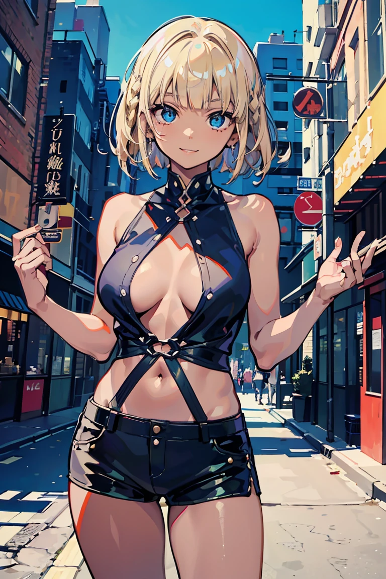 (1 girl), (dark skin), Beige hair color(Braid),Short Bob,Exposed thighs, (super high quality), masterpiece, Cowboy Shot,(wild), Casual Scene, Relaxed atmosphere, She is wearing fashionable clothes, Sun light, Street atmosphere, urban environment. Perfect body, (E Cup:1.2), Wicked Smile, Deep Blue Eyes,Fresh, (Asymmetrical bangs:1.3), Highly detailed face and eyes, length, Narrow eyes, Digital Art, beautiful, Cinema Lighting, by Yusuke Murata.tonality, Romanticism, modern art, Impressionism, reflected light, 8K, masterpiece, Advanced Details, Highest quality, Accurate anatomy