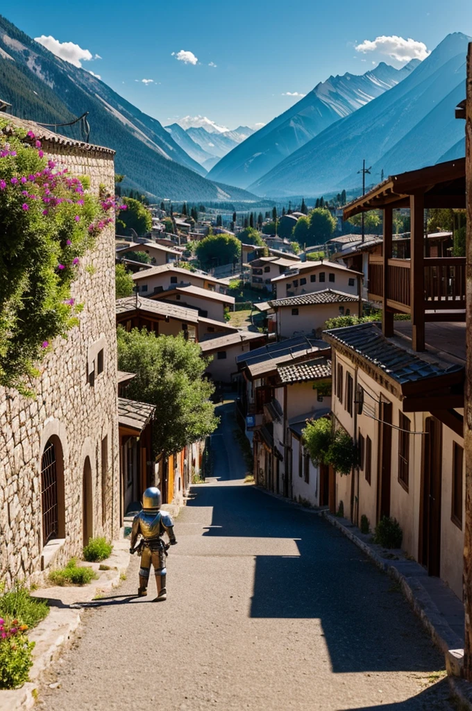 An image of the small town surrounded by mountains.
Mateo imagining being a knight, perhaps with a toy knight or with a wooden shield and sword.