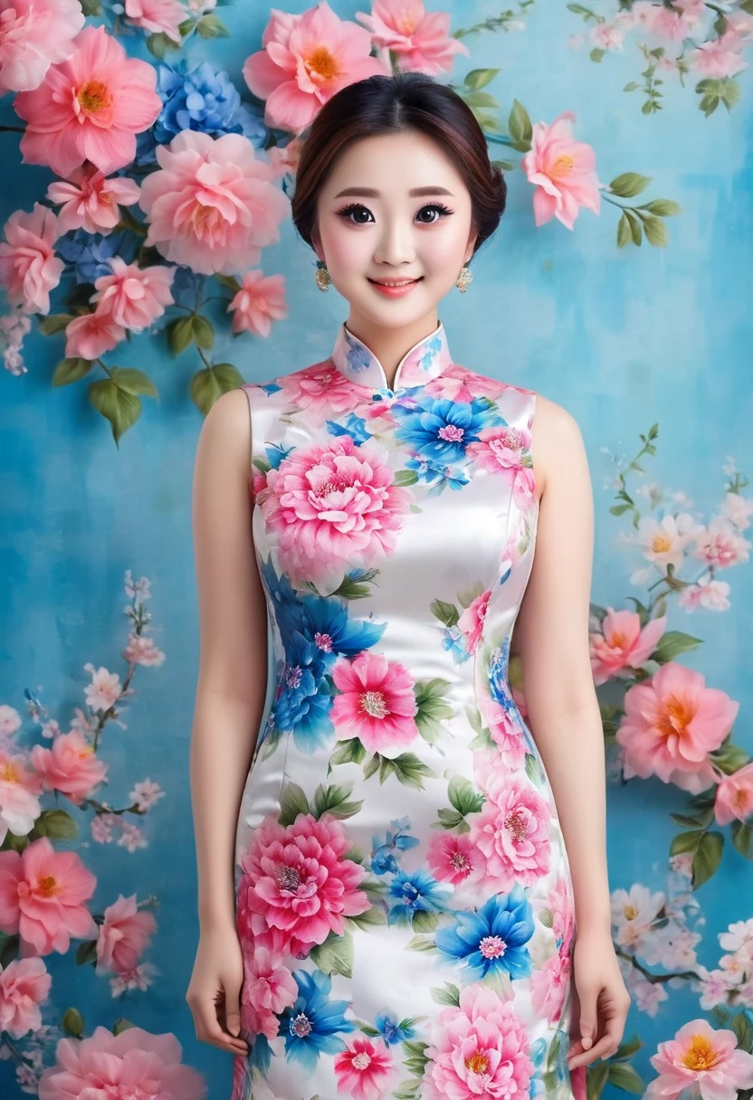 Beautiful Chinese girl in a white and pink floral dress with blue flowers, hands on her chest, front photo of her face, plump figure shape, long legs, big eyes, fair skin, smile, room background, full body shot, professional photography, super high definition details, best quality.