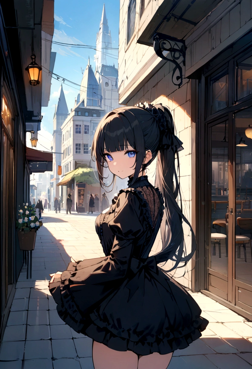 (beautiful elegant white panties), (looking at the viewer),♥(sexy mini dress gothic lolita disfraz),((1 girl,beautiful,YOUNG,semi long beautiful black hair,blunt bangs,pony tale,beautiful blue eyes)),(Alone),((Masterpiece, highest resolution,Best Quality)), (beautiful illustration),(gothic lolita disfraz),(looking at the viewer), innocent smile,cinematic lighting,beautiful modern cafe,Big city,flores,Buildings,blue sky
