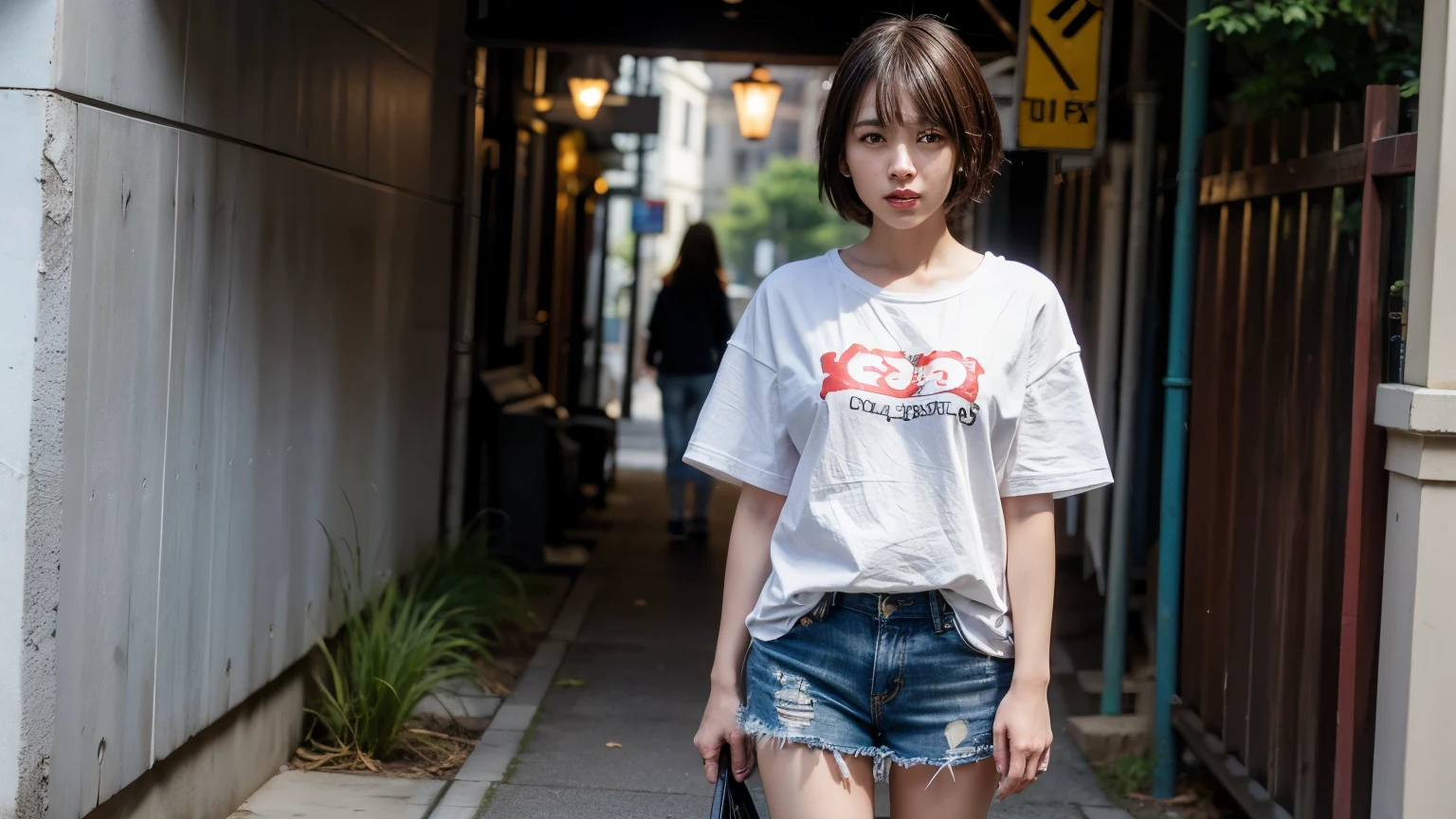 top-quality, intricate detailes, chromatic abberation, 1girl in, pixie cut hair, A dark-haired, Unkempt hair, White Highlights, red eyes, sharp eye, Oversized white T-shirt, Ultra mini skirt, pantiy, Cowboy Shots, wind lift, (oversize tshirt: 1.2 inch),against a wall, Concrete walls, doodle, Dim lighting, alleyway