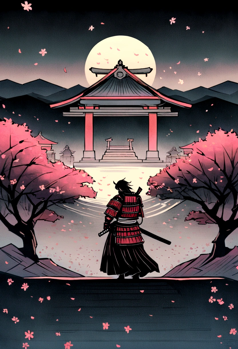 (best quality,highres:1.2),ultra-detailed,traditional Japanese samurai armor,warrior,stoic expression,serious,skilled swordsmanship,classic katana,samurai code of honor,sacred devotion,falling cherry blossom petals,ancient cherry blossom tree,authentic Japanese landscape,peaceful temple in the distance,subtle light and shadow,sublime artistry,brushstrokes,deep black ink wash,Manga-inspired,traditional woodblock print style,vibrant colors,delicate linework,faint scent of incense,serene atmosphere