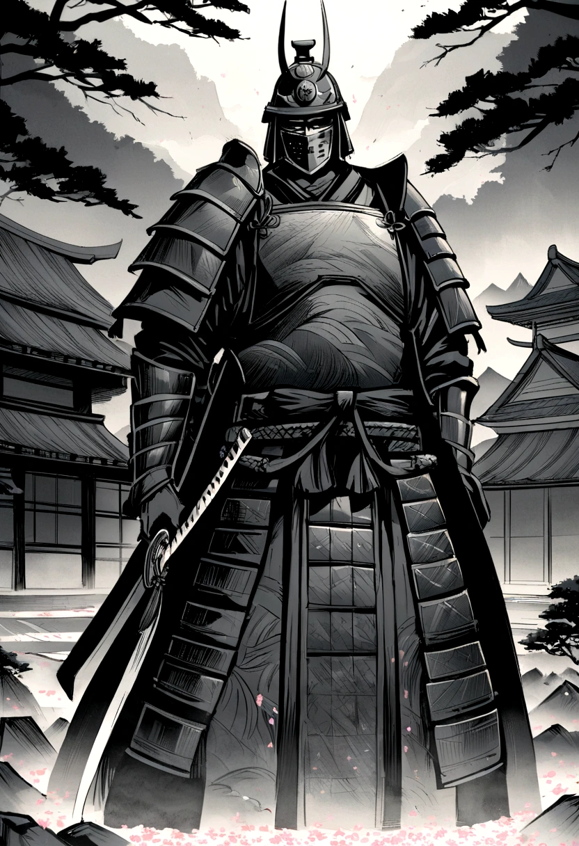 (best quality,highres:1.2),ultra-detailed,traditional Japanese samurai armor,warrior,stoic expression,serious,skilled swordsmanship,classic katana,samurai code of honor,sacred devotion,falling cherry blossom petals,ancient cherry blossom tree,authentic Japanese landscape,peaceful temple in the distance,subtle light and shadow,sublime artistry,brushstrokes,deep black ink wash,Manga-inspired,traditional woodblock print style,vibrant colors,delicate linework,faint scent of incense,serene atmosphere