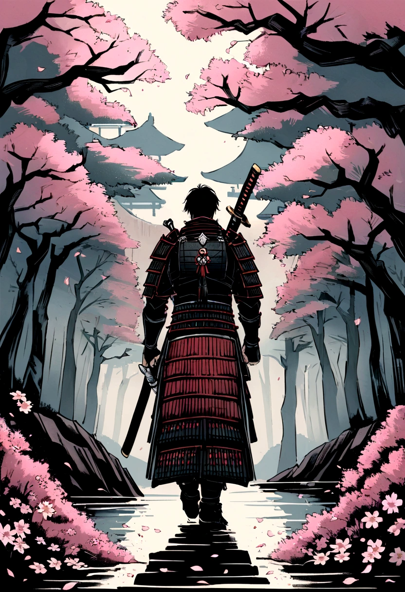 (best quality,highres:1.2),ultra-detailed,traditional Japanese samurai armor,warrior,stoic expression,serious,skilled swordsmanship,classic katana,samurai code of honor,sacred devotion,falling cherry blossom petals,ancient cherry blossom tree,authentic Japanese landscape,peaceful temple in the distance,subtle light and shadow,sublime artistry,brushstrokes,deep black ink wash,Manga-inspired,traditional woodblock print style,vibrant colors,delicate linework,faint scent of incense,serene atmosphere