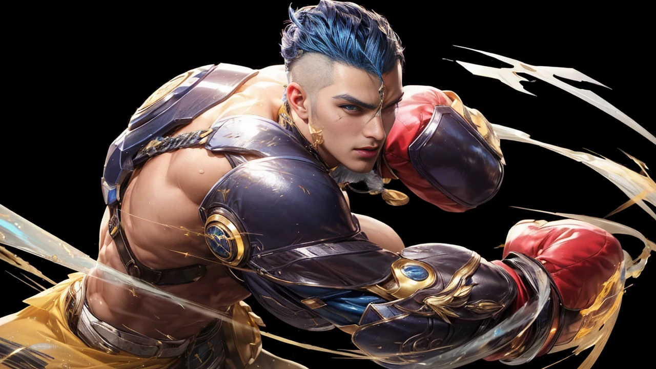 a close up of a man make a gold glasses with a blue hair and a blue and yellow outfit, pharah, kda, heise jinyao, nova, style of kieran yanner, official splash art, ashe, hero 2 d fanart artsation, freezing blue skin, character splash art, crystalline skin, tane skin, portrait of rung, leblanc