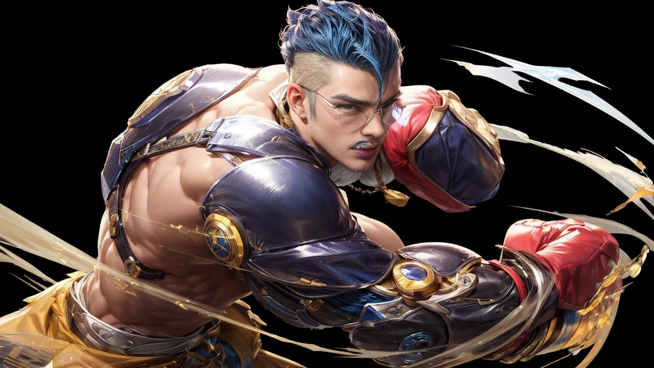 a close up of a man make a gold glasses with a blue hair and a blue and yellow outfit, pharah, kda, heise jinyao, nova, style of kieran yanner, official splash art, ashe, hero 2 d fanart artsation, freezing blue skin, character splash art, crystalline skin, tane skin, portrait of rung, leblanc