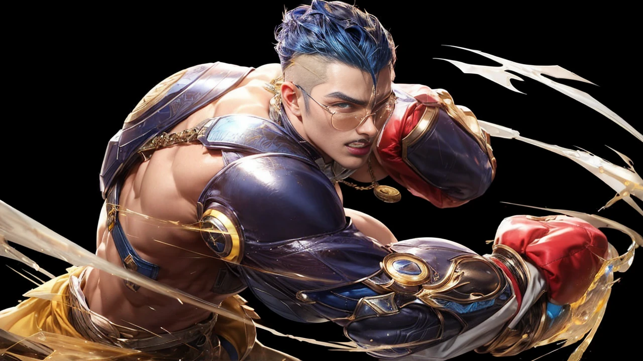 a close up of a man make a gold glasses with a blue hair and a blue and yellow outfit, pharah, kda, heise jinyao, nova, style of kieran yanner, official splash art, ashe, hero 2 d fanart artsation, freezing blue skin, character splash art, crystalline skin, tane skin, portrait of rung, leblanc