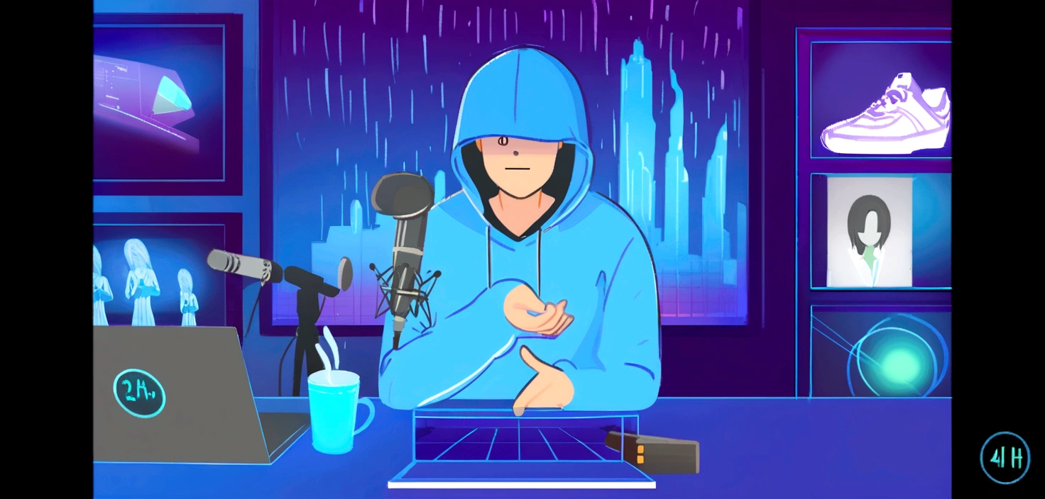 cartoon of a man in a hoodie sitting at a desk with a microphone, transmission in nervous contraction, contraction serpentine, detailed 2D illustration, 2d illustration, 2D illustration, the encrypted metaverse, discord profile picture, contraction serpentine / ludwig player, profile photo 1024px, background illustrations, 8k cartoon illustration, digital 2D illustration