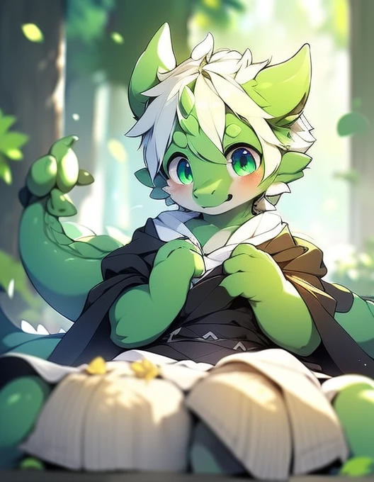 (Best image quality),(masterpiece),(((The only person))),(Super detailed),(Male dragon:1.5), (Green Skin:1.3), hairy，(Green fur:1.3),((Silver pupils)) ,(Golden ears),(hairy 动物 耳朵s)，((Wearing a black robe)，Natural Lighting，Complex background,Detailed face，Wheat Field，details on face，Character Focus，Detailed clothes，The whole body，Depth of Field，Perfect lighting，Sharp focus，Light Particles，alone，White hair，Emerald green hair，Silver pupils，Golden ears，Lots of patterns，A pair of light blue dragon horns