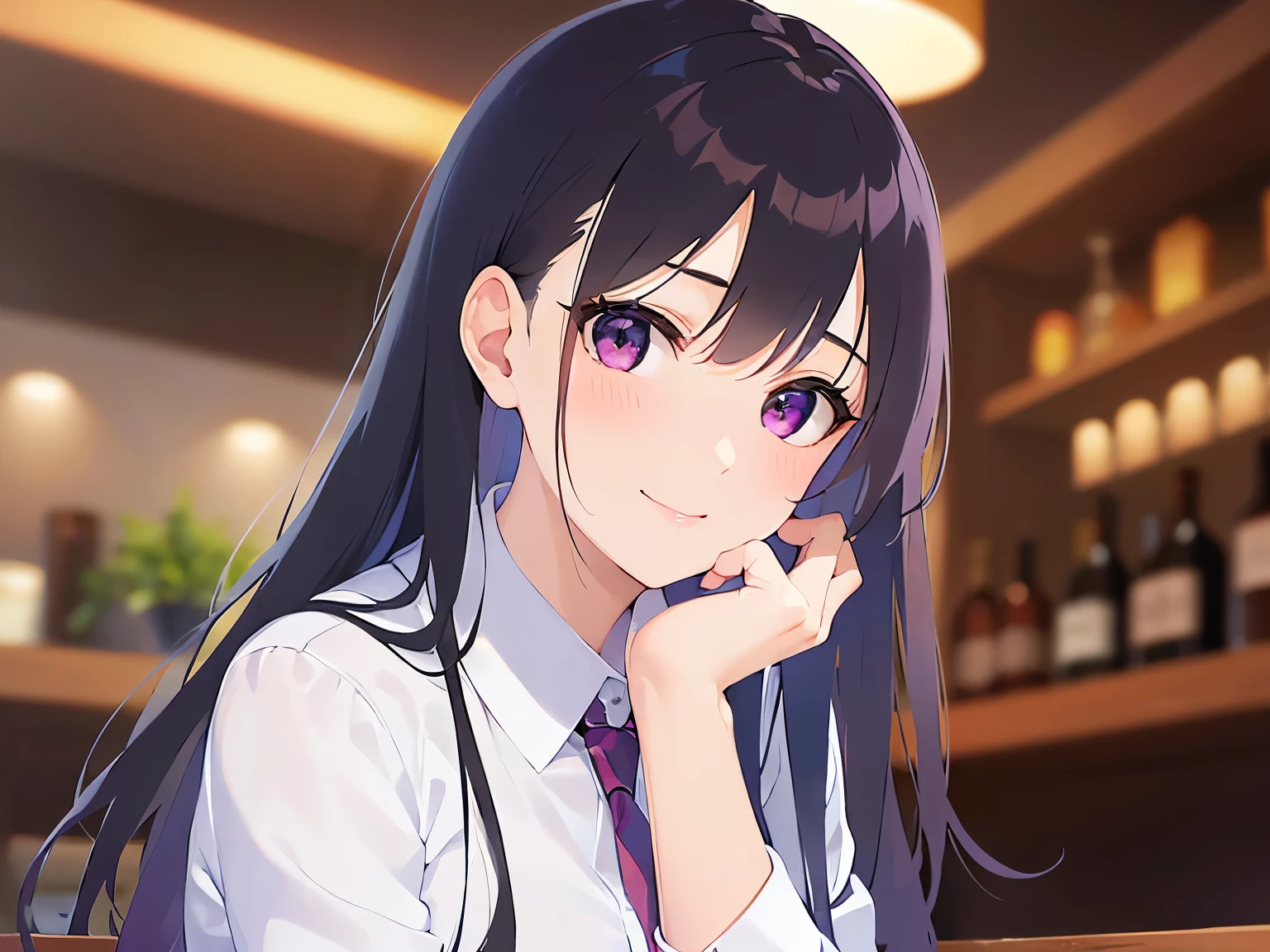 Detailed CG, Ultra-fine illustrations,masterpiece,highest quality, AW Photos,Realistic,BREAK(white collared shirt:1.5)BREAK,(Pale skin:1.2),Shiny skin Shiny Hair,(A 26-year-old woman with straight hair and bangs)and(Medium Hair)and(Black Hair)and(Purple eyes),(light smile)and(blush)and(upturned eyes)(hands on own chin:1.5)and(Biologically correct５Fingesurprised)and(missing fingers),Night bar in the background,alone