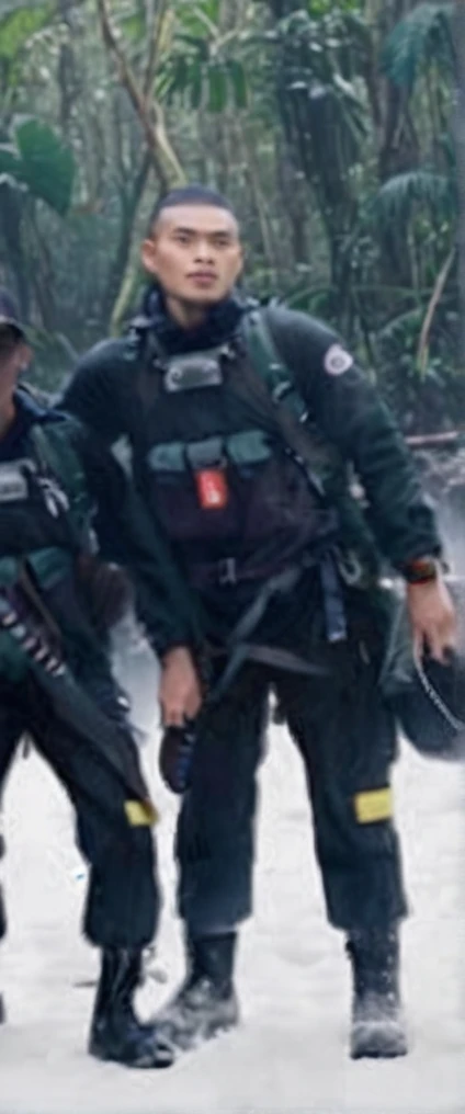 A full body, cinematic portrait of a Malay-looking man with long hair wearing boots. He is 170 cm tall and weighs 90 kg. He is wearing a dark green parka jacket and a North Face backpack, standing in a foggy rainforest with a a blade of katana. He is an outdoor explorer. The background has subtle light, creating a magical rainforest scene. The man is walking in the rainforest, creating a mystical rainforest atmosphere. His face is looking at the camera, and the portrait is taken from the side. The image should be realistic.