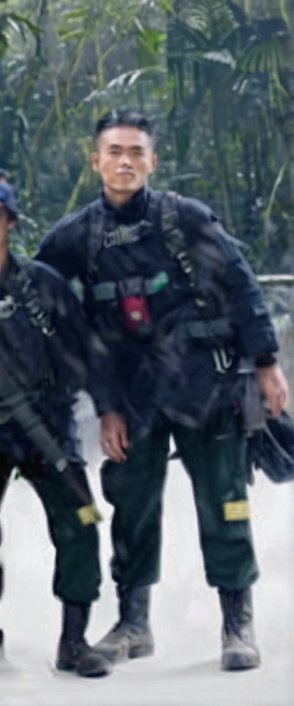 
A full body, cinematic portrait of a Malay-looking man with long hair wearing boots. He is 170 cm tall and weighs 90 kg. He is wearing a dark green parka jacket and a North Face backpack, standing in a foggy rainforest with a a blade of katana. He is an outdoor explorer. The background has subtle light, creating a magical rainforest scene. The man is walking in the rainforest, creating a mystical rainforest atmosphere. His face is looking at the camera, and the portrait is taken from the side. The image should be realistic.