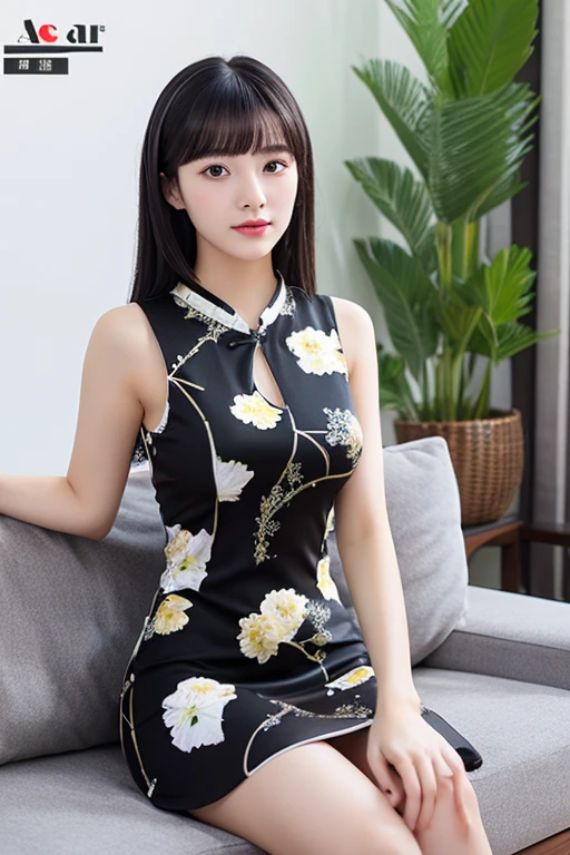 young Chinese woman of medium size, medium bust, straight black hair, short flower print dress, sitting on living room furniture