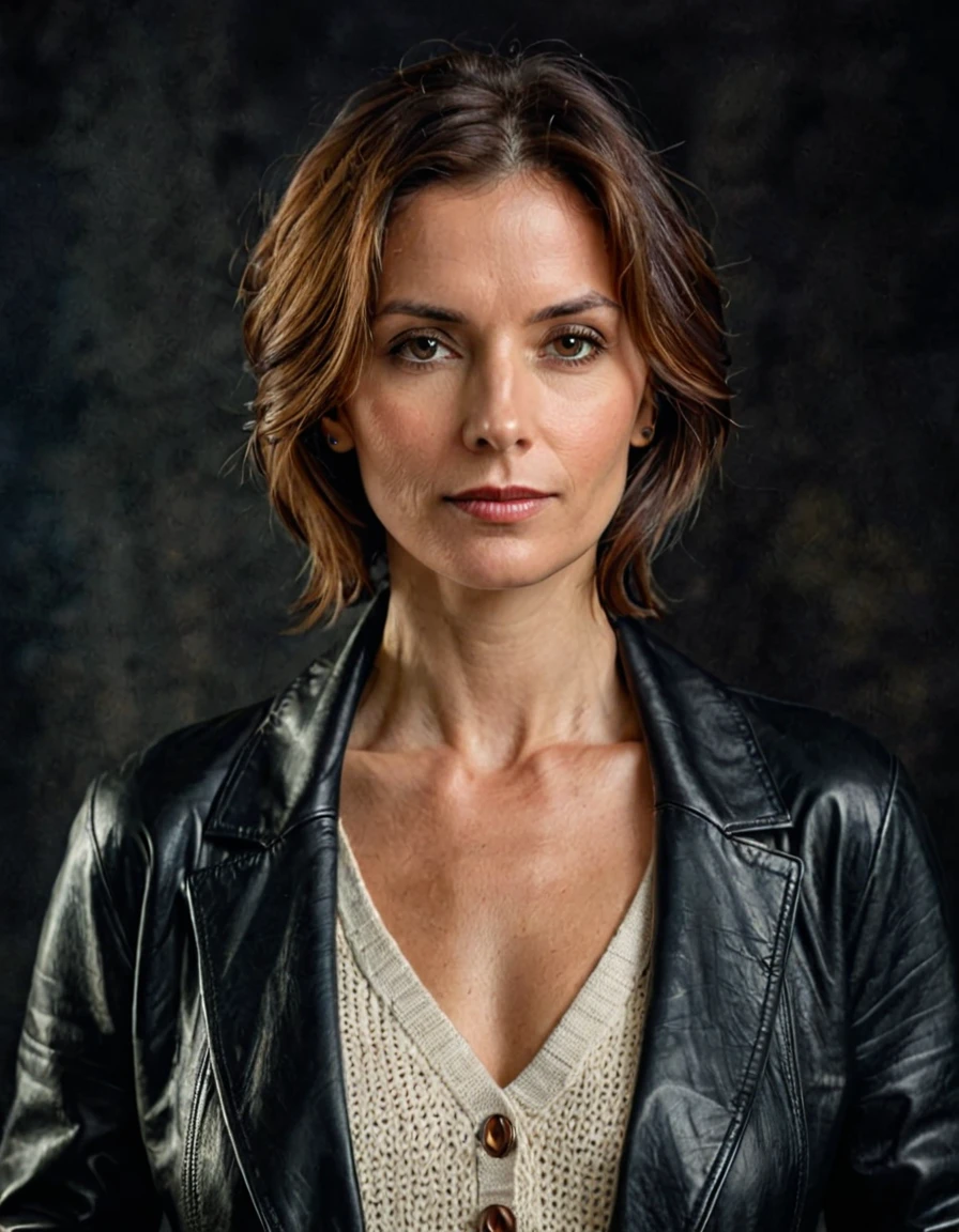 centered, portrait photo 35 years.oh woman, open jacket, sweater, Genuine Leather, dark shot