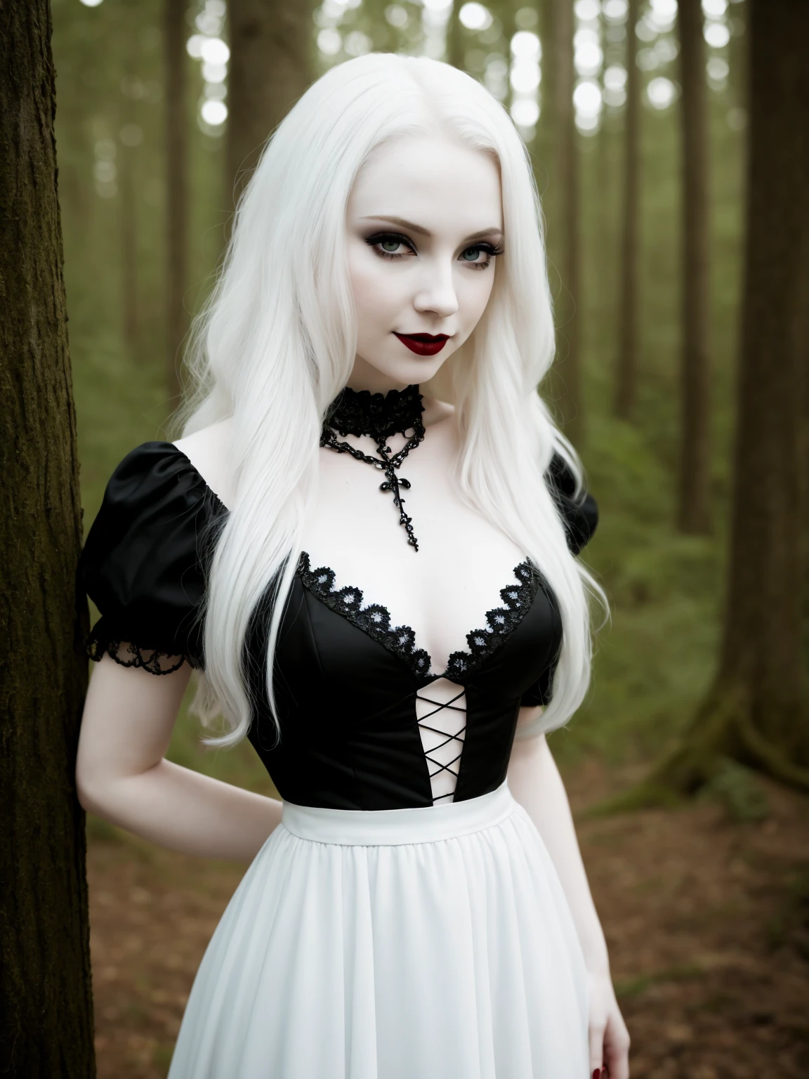 female sexy vampire|albino, pale porcelain skin, sexy vintage black dress, smile, shallow depth of field, grin|creepy, nightfall, detailed face, night, wide hips, narrow waist, portrait of woman standing, detailed eyes, portrait of woman standing, 8k RAW photo, highest quality, looking at the viewer, best shadow, intricate details, long hair, bright eyes, forest, grave, gothic, goth detailed, highres, high qualilty, high saturation