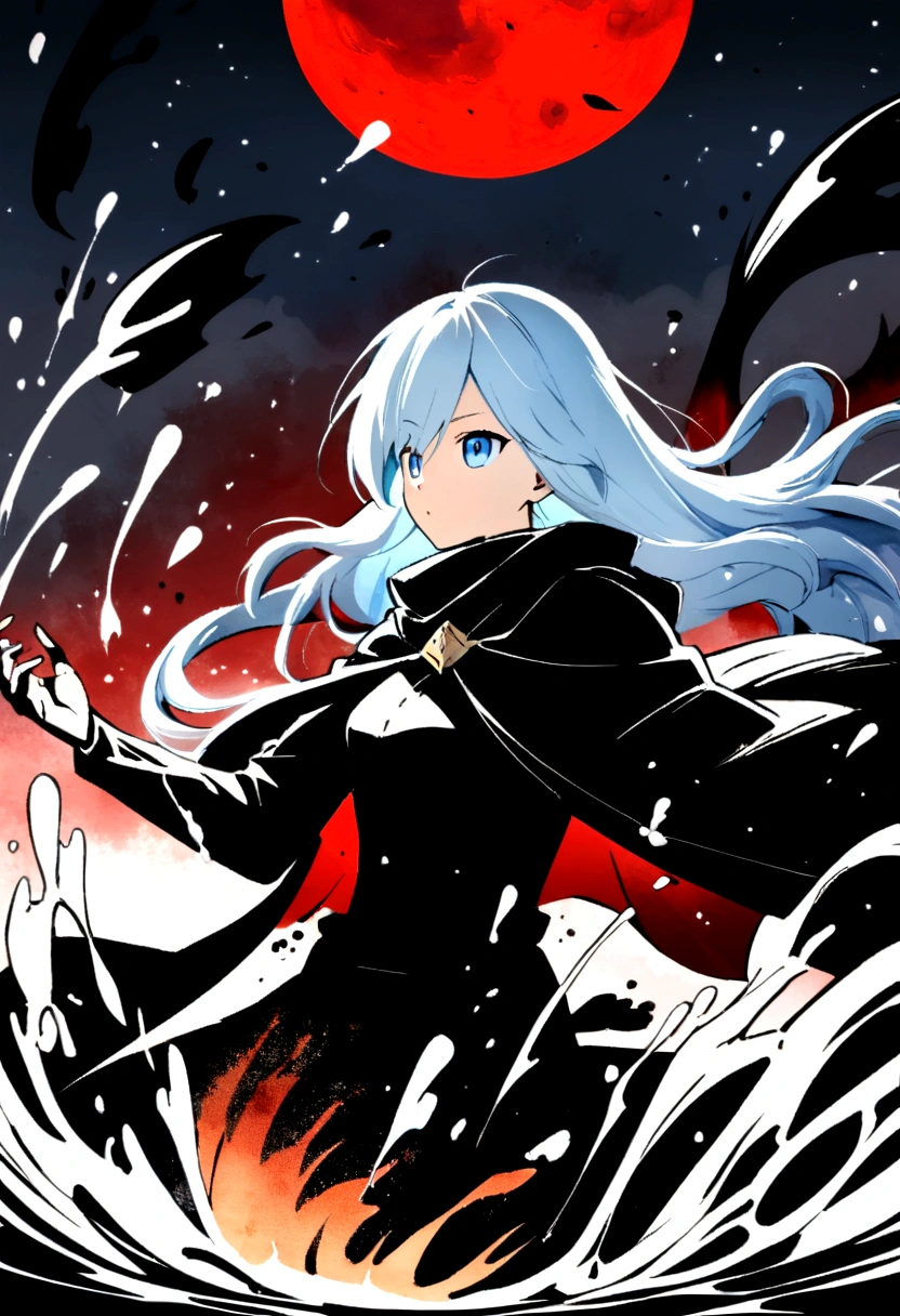 One boy,(Light blue hair)),blue eyes,Daikon,Long Hair,(loose Long Hair),((Black Cape)),(Cape Hood),scarf,Red moon floating in the sky,night,Floating red flowers fall,Upper Body,Remains,Strong Shadows,Ash,fire,ice,((Ink wAsh painting)),((ink splAshing)),((color splAshing)),Anime Style、Anime Style