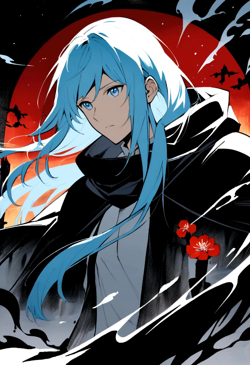 One boy,(Light blue hair)),blue eyes,Daikon,Long Hair,(loose Long Hair),((Black Cape)),(Cape Hood),scarf,Red moon floating in the sky,night,Floating red flowers fall,Upper Body,Remains,Strong Shadows,Ash,fire,ice,((Ink wAsh painting)),((ink splAshing)),((color splAshing)),Anime Style、Anime Style