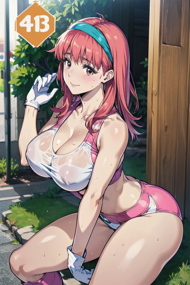 (( Highest quality, High resolution, Hmph, Pixel perfect, 4K, Hmph, Hmph))), 1 Girl, single, alone, Beautiful woman、I could see the whole body、 ((Mid-wave hair, bangs, Redhead、Yellow headband、)), ((Brown eyes, Beautiful eyelashes, Realistic eyes)), ((Detailed face, blush:1.2)), ((Smooth texture:0.75, Realistic texture:0.65, Realistic:1.1, Anime CG Style)),Embarrassed face、 Big Breasts、((((Sweaty all over)))), Dynamic Angle, Perfect body,Leaning forward significantly、(Exposing your buttocks.、Spread your legs、cover your chest with your hands),(Pink Ranger), (alone) (Blue jumpsuit), (Minkit), Pink Darth, Under the belt, White gloves with pink diamond design, (White boots with pink diamond design), (18-year-old), Smile at the audience,(Sunny Tokyo background:1.2), colorful, thin waist and thick hips, Wear tight-fitting clothing, Fits your beautiful body, White skin, , Big Breastsが垂れる, Crazy Expansion, Larger than the shoulder blade, Hourglass illustration, The pelvis is Larger than the shoulder blades, thick, Fitness Model, Red cheeks, I breathe, Sweaty, Soaking wet, Laughter、((advertisement))