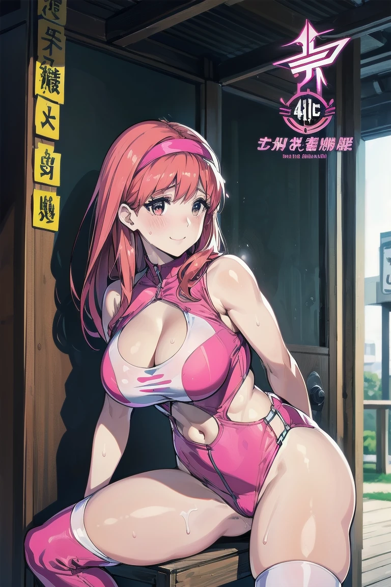 (( Highest quality, High resolution, Hmph, Pixel perfect, 4K, Hmph, Hmph))), 1 Girl, single, alone, Beautiful woman、I could see the whole body、 ((Mid-wave hair, bangs, Redhead、Yellow headband、)), ((Brown eyes, Beautiful eyelashes, Realistic eyes)), ((Detailed face, blush:1.2)), ((Smooth texture:0.75, Realistic texture:0.65, Realistic:1.1, Anime CG Style)),Embarrassed face、 Big Breasts、((((Sweaty all over)))), Dynamic Angle, Perfect body,Leaning forward significantly、(Exposing your buttocks.、Spread your legs、cover your chest with your hands),(Pink Ranger), (alone) (Blue jumpsuit), (Minkit), Pink Darth, Under the belt, White gloves with pink diamond design, (White boots with pink diamond design), (18-year-old), Smile at the audience,(Sunny Tokyo background:1.2), colorful, thin waist and thick hips, Wear tight-fitting clothing, Fits your beautiful body, White skin, , Big Breastsが垂れる, Crazy Expansion, Larger than the shoulder blade, Hourglass illustration, The pelvis is Larger than the shoulder blades, thick, Fitness Model, Red cheeks, I breathe, Sweaty, Soaking wet, Laughter、((advertisement))