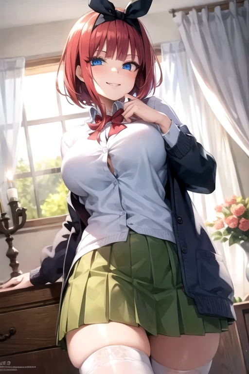(Masterpiece:1.2), Best Quality, Ultra High Resolution, 8K Unity Wallpaper, (Artwork:1.0), (Beautiful Detailed Eyes:1.6), Extremely Detailed Face, Cinematic Lighting, High Contrast, Clear Color, (Hands perfect, perfect ), (dynamic angle and pose: 1.3), best angle, (1 girl, solo: 1.5), smooth, simple, ROMPER nakano nino, butterfly hair ornament, blue eyes, hair band, , red hair, blunt bangs, black bow, short hair, thigh highs, two sides up, shirt romper, white shirt, green skirt, pleated skirt, collared shirt, open clothing, white thighs, cardigan, long sleeves, thigh highs , black cardigan, open cardigan, , zettai ryouiki, mini skirt, break smile, happy, smug  smile, leaning forward, BREAK
(luxurious mansion:1.4), (interior:1.2), (window:1.3), (curtain:1.2), (From_below:1.4)
