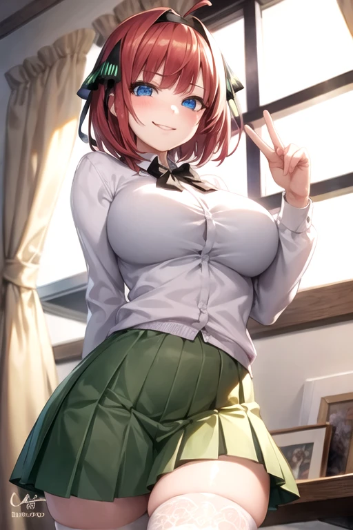 (Masterpiece:1.2), Best Quality, Ultra High Resolution, 8K Unity Wallpaper, (Artwork:1.0), (Beautiful Detailed Eyes:1.6), Extremely Detailed Face, Cinematic Lighting, High Contrast, Clear Color, (Hands perfect, perfect anatomy), (dynamic angle and pose: 1.3), best angle, (1 girl, solo: 1.5), smooth, simple, ROMPER nakano nino, butterfly hair ornament, blue eyes, hair band, big breasts, red hair, blunt bangs, black bow, short hair, thigh highs, two sides up, shirt romper, white shirt, green skirt, pleated skirt, collared shirt, open clothing, white thighs, cardigan, long sleeves, thigh highs , black cardigan, open cardigan, , zettai ryouiki, mini skirt, break smile, happy, smug seductive smile, leaning forward, BREAK
(luxurious mansion:1.4), (interior:1.2), (window:1.3), (curtain:1.2), (From_below:1.4)